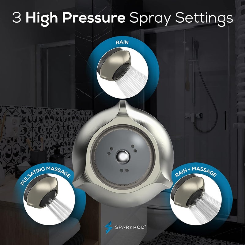 SparkPod 3-Inch Extreme High Pressure Shower Heads - Pressure Boosting with Rain, Massage & Pulsating Mode, Powerful Water-Saving Showerhead - 2.5 GPM Fixed Shower Head (Elegant Brushed Nickel) - Image 5
